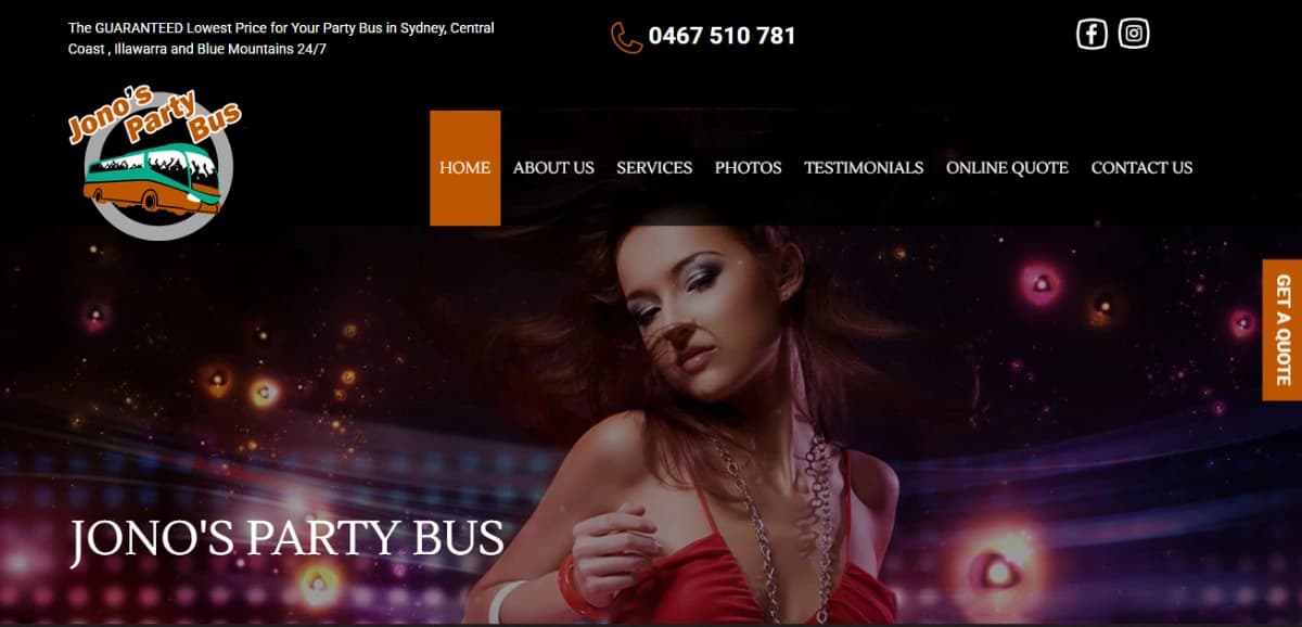 Jono's Party Bus website screenshot